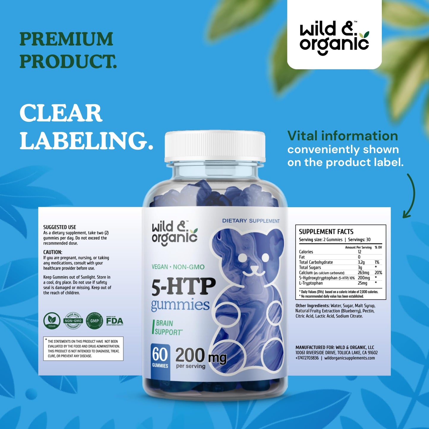 Wild & Organic 5-HTP Mood Gummies - 200mg L-Tryptophan | Vegan, Non-GMO, 60 Gummies
