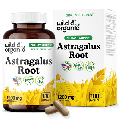 Wild & Organic Astragalus Capsules 1200 mg - Immune Support - Vegan, Non-GMO, No Fillers | 180 Count Pack of 1