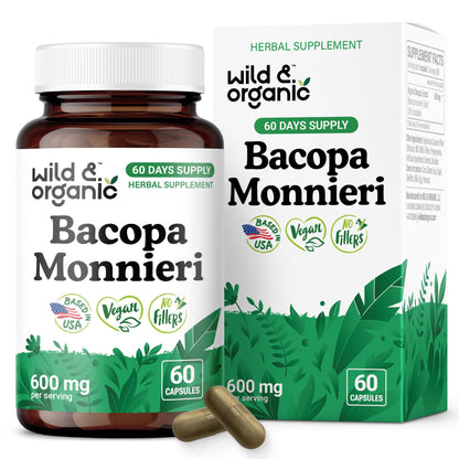 Wild & Organic Bacopa Capsules 600 mg – Brain Support, Vegan, Non-GMO