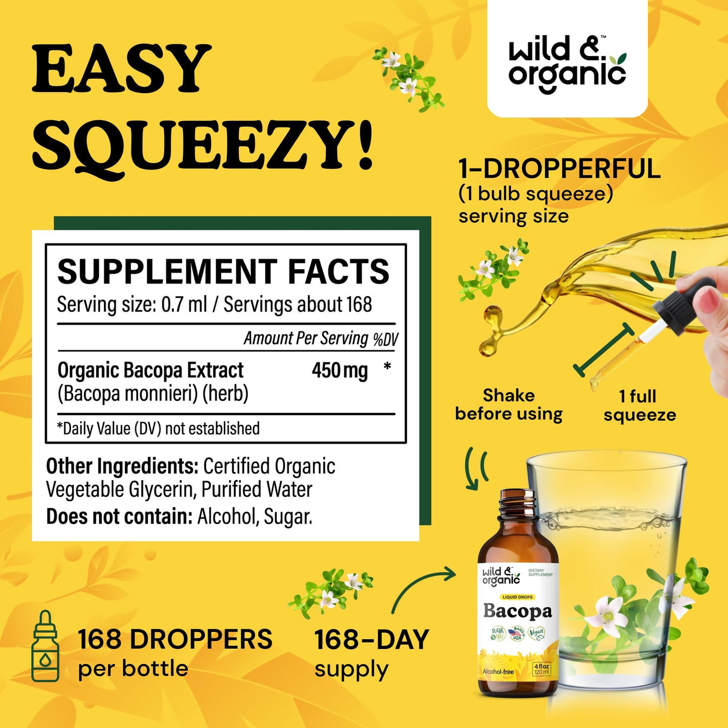 Wild & Organic Bacopa Liquid Drops – Brain Support Tincture, 4 fl oz, 5-Month Supply, Vegan, Sugar & Alcohol-Free