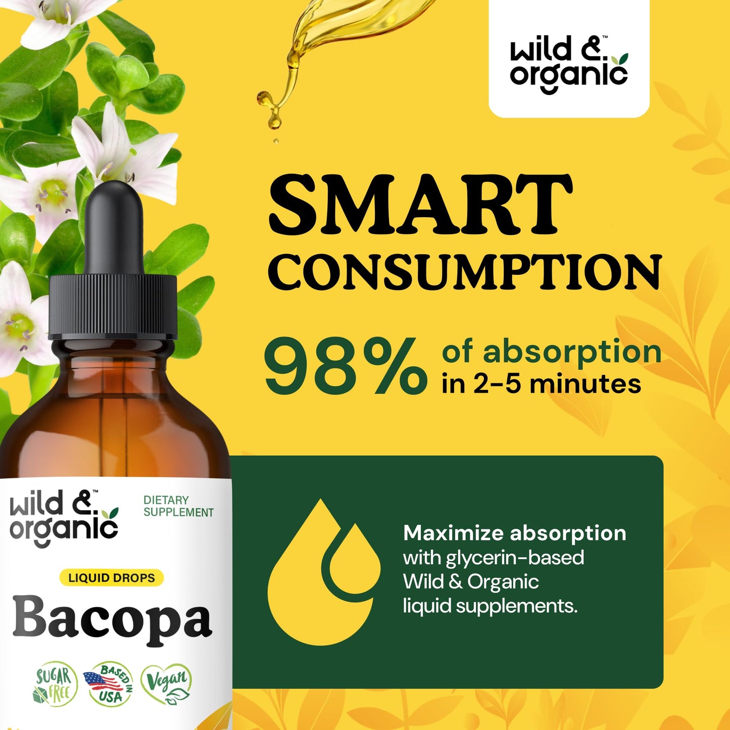 Wild & Organic Bacopa Liquid Drops – Brain Support Tincture, 4 fl oz, 5-Month Supply, Vegan, Sugar & Alcohol-Free