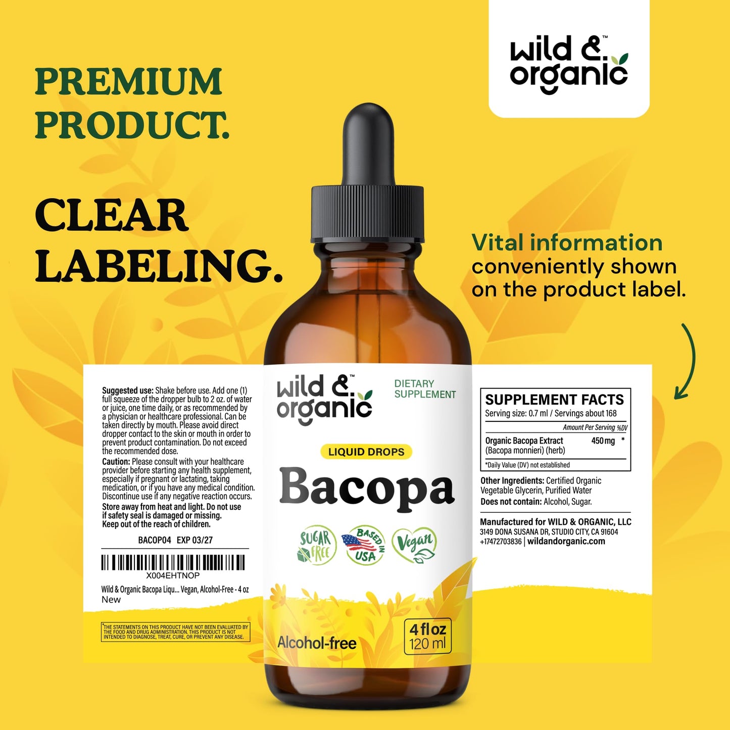 Wild & Organic Bacopa Liquid Drops – Brain Support Tincture, 4 fl oz, 5-Month Supply, Vegan, Sugar & Alcohol-Free