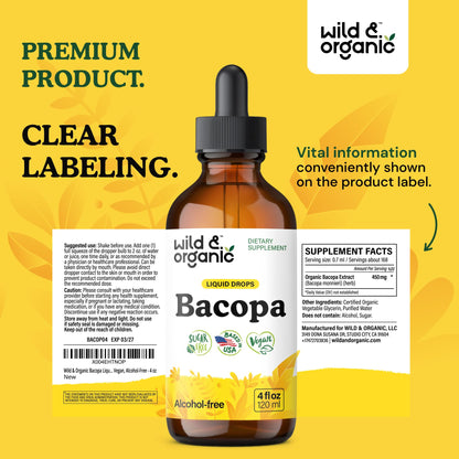 Wild & Organic Bacopa Liquid Drops – Brain Support Tincture, 4 fl oz, 5-Month Supply, Vegan, Sugar & Alcohol-Free