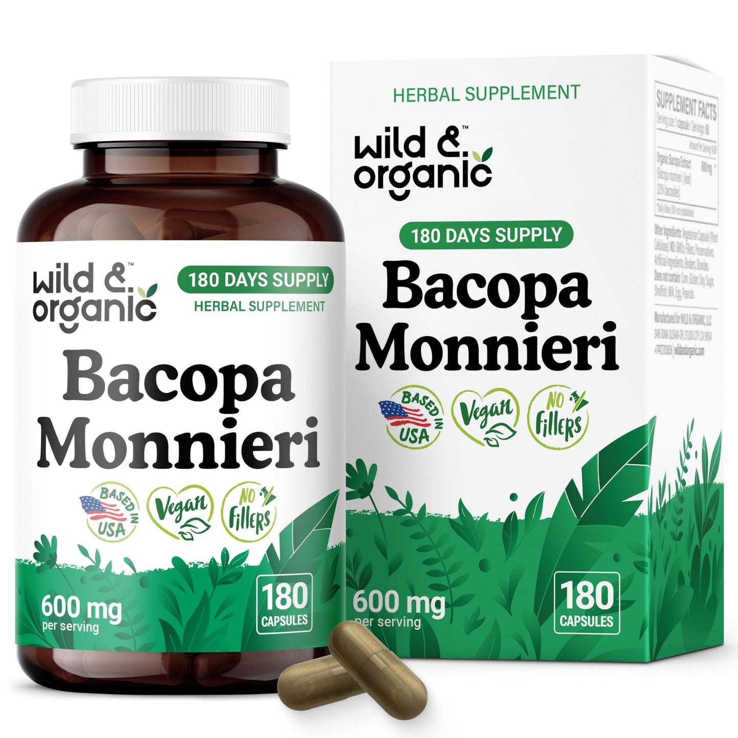 Wild & Organic Bacopa Monnieri 600 mg Capsules | Brain Support - Vegan, Non-GMO - 180 Count