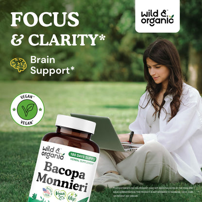 Wild & Organic Bacopa Monnieri 600 mg Capsules | Brain Support - Vegan, Non-GMO - 180 Count
