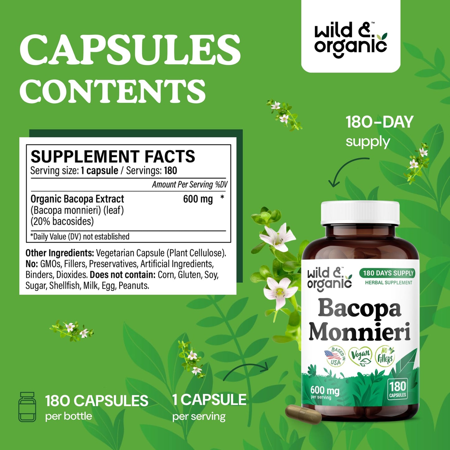 Wild & Organic Bacopa Monnieri 600 mg Capsules | Brain Support - Vegan, Non-GMO - 180 Count