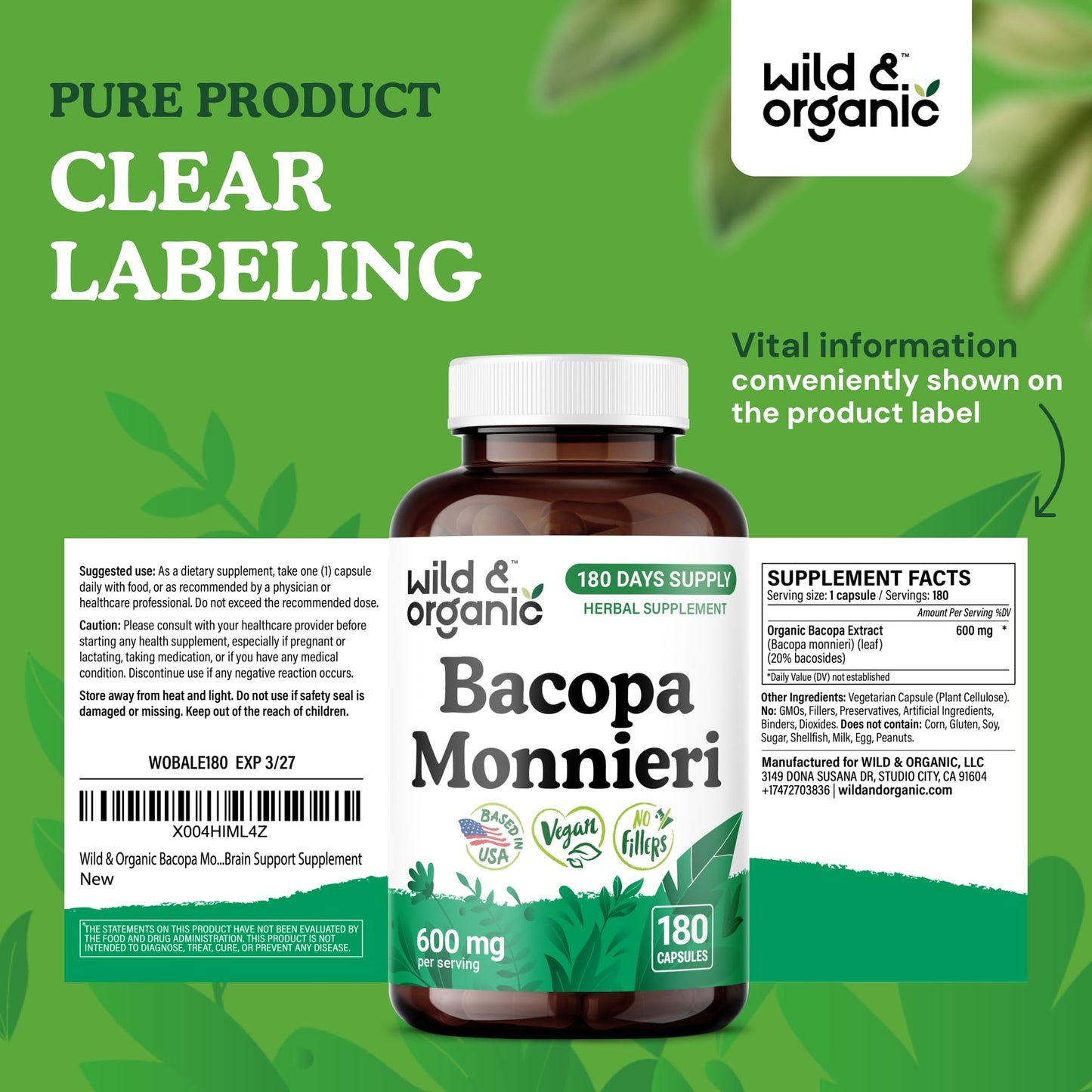 Wild & Organic Bacopa Monnieri 600 mg Capsules | Brain Support - Vegan, Non-GMO - 180 Count