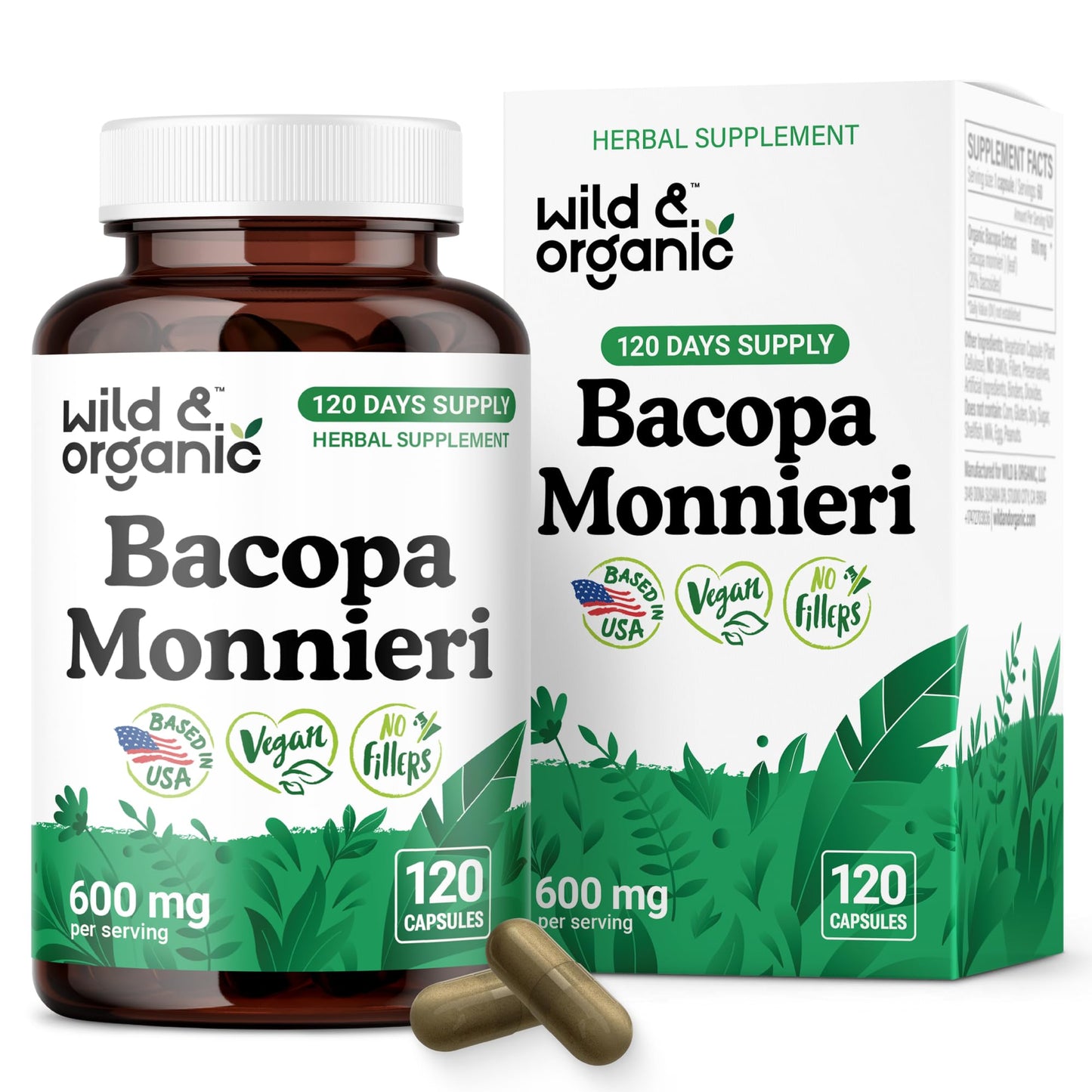 Wild & Organic Bacopa Monnieri Capsules 600 mg | Brain Support | 120-Count | Vegan