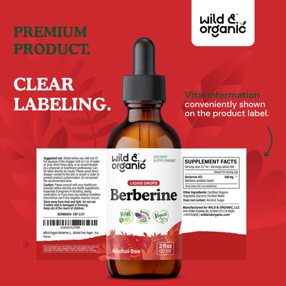 Wild & Organic Berberine Liquid Drops – 500mg Berberine Supplement HCL – Vegan, Alcohol-Free & Sugar-Free – 2 fl oz