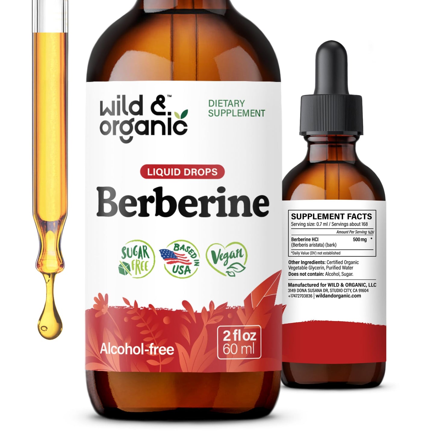 Wild & Organic Berberine Liquid Drops – 500mg Berberine Supplement HCL – Vegan, Alcohol-Free & Sugar-Free – 2 fl oz