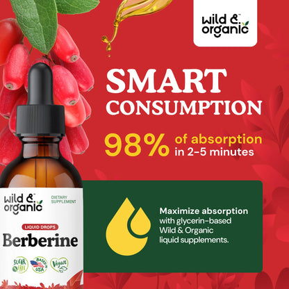 Wild & Organic Berberine Liquid Drops – 500mg Berberine Supplement HCL – Vegan, Alcohol-Free & Sugar-Free – 2 fl oz