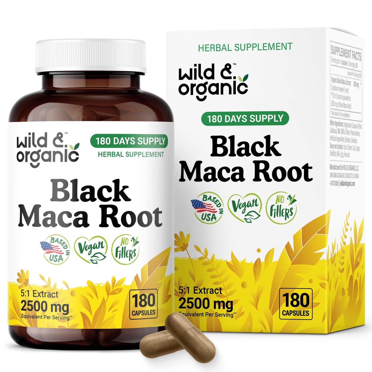 Wild & Organic Black Maca Root Capsules – 500 mg, 180 Count – Vegan, Non-GMO