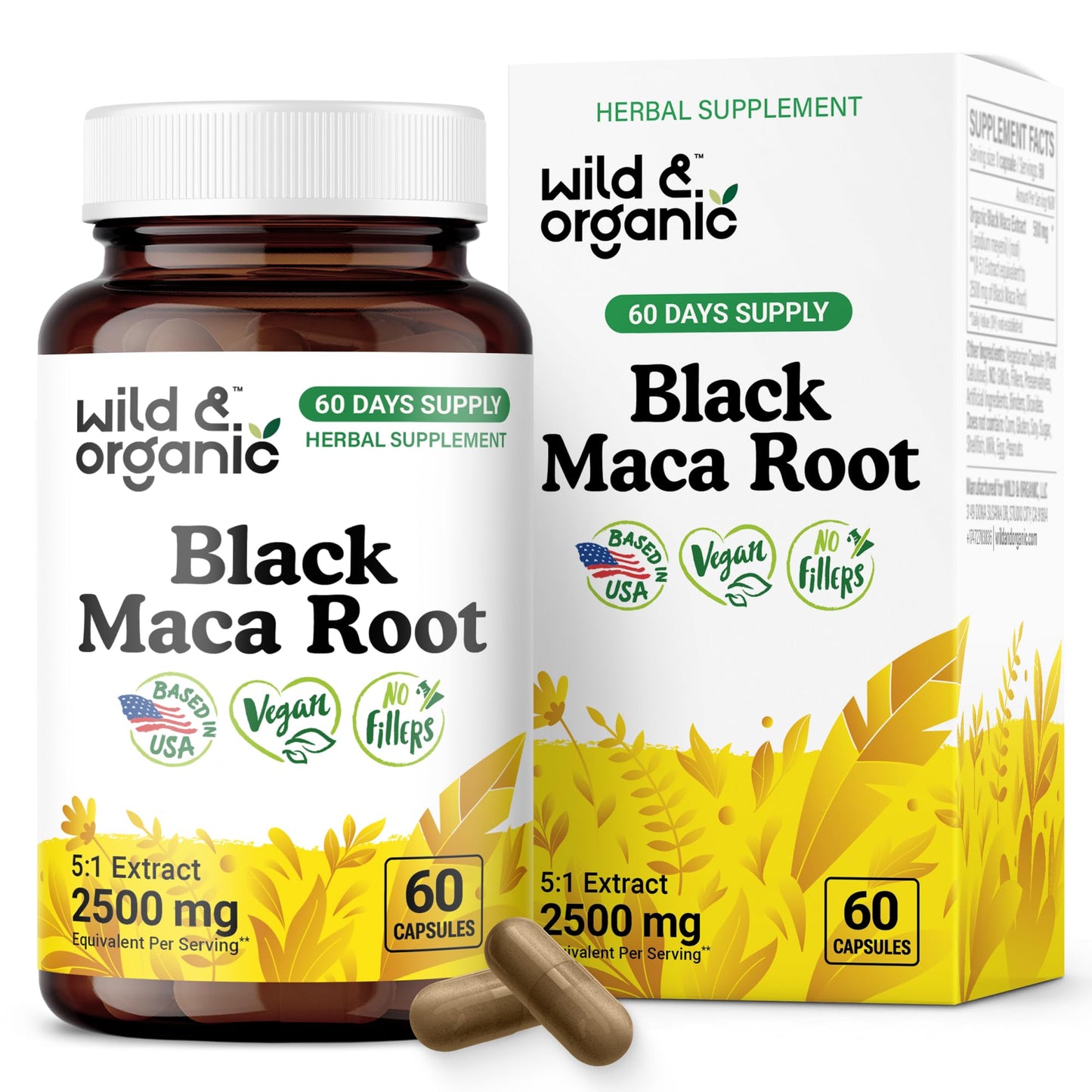 Wild & Organic Black Maca Root Capsules 500 mg – 60 Veg Caps, Non-GMO, Gluten-Free