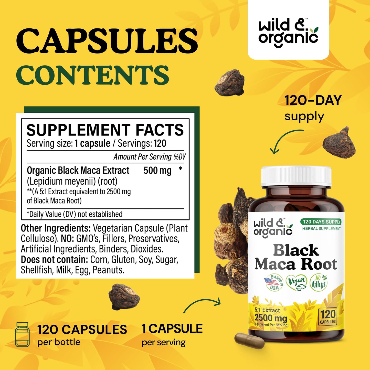 Wild & Organic Black Maca Root Capsules 500 mg – 120 Day Supply – Vegan & Non-GMO