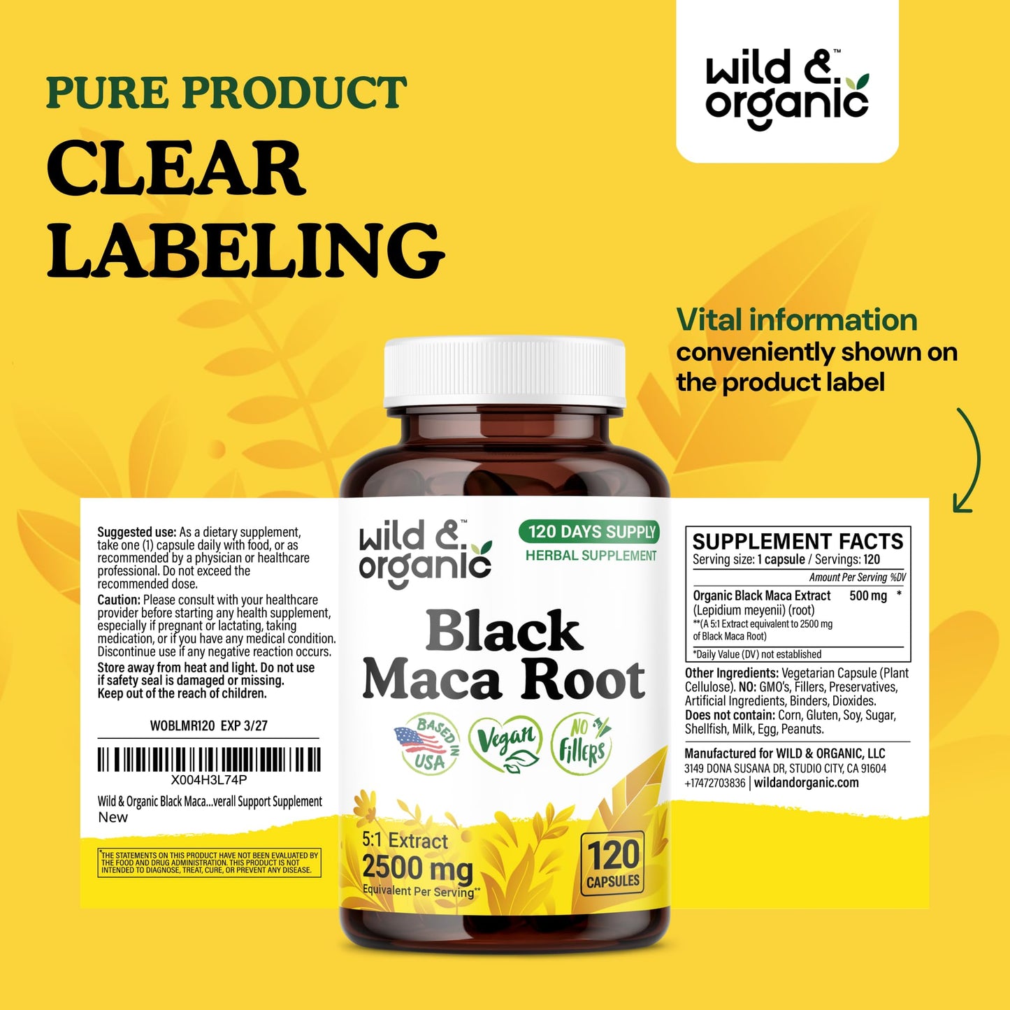 Wild & Organic Black Maca Root Capsules 500 mg – 120 Day Supply – Vegan & Non-GMO