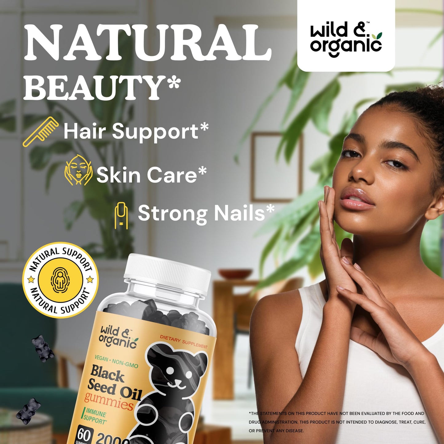Wild & Organic Black Seed Oil Gummies 2000mg - Hair Skin & Nails Support | Vegan, Pectin-Based