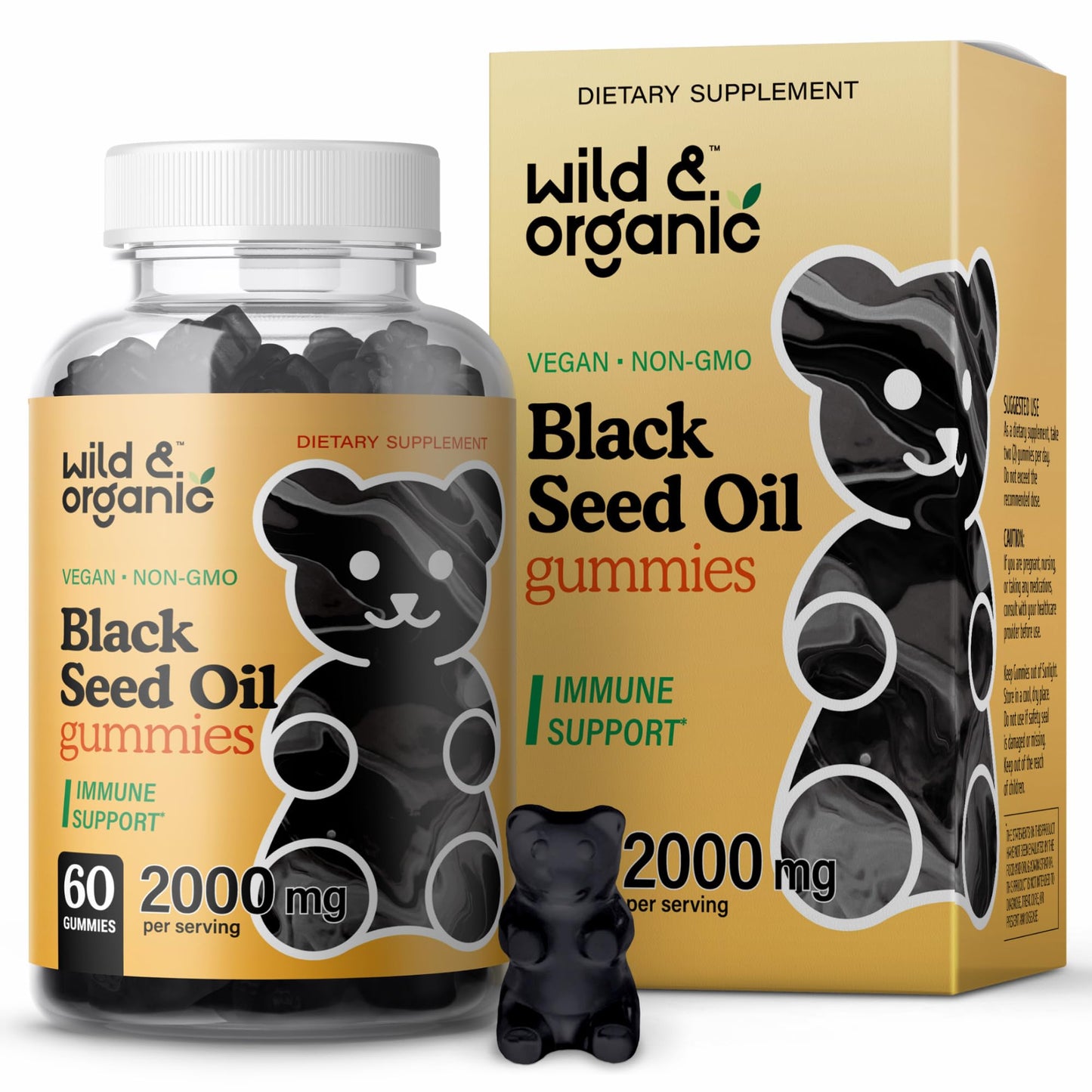 Wild & Organic Black Seed Oil Gummies 2000mg - Hair Skin & Nails Support | Vegan, Pectin-Based