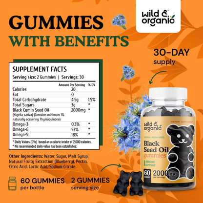 Wild & Organic Black Seed Oil Gummies 2000mg - Hair Skin & Nails Support | Vegan, Pectin-Based