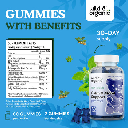 Wild & Organic Calm & Mood Gummies – Ashwagandha + Rhodiola | 60 Count