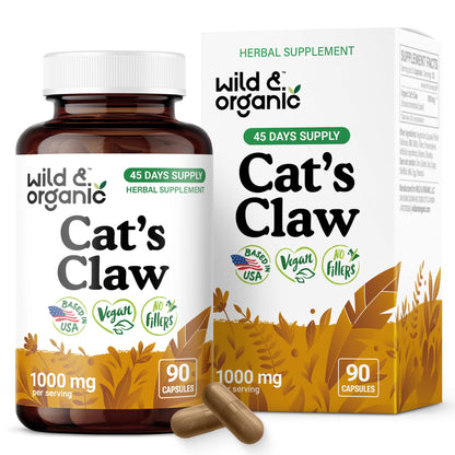 Wild & Organic Cat's Claw 1000 mg - Immune Support - Vegan, Non-GMO | 90 Count
