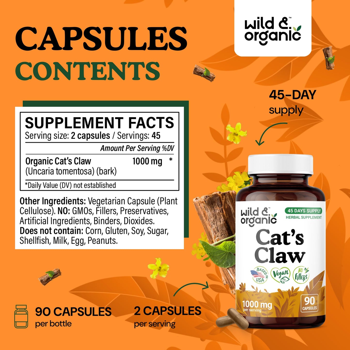Wild & Organic Cat's Claw 1000 mg - Immune Support - Vegan, Non-GMO | 90 Count