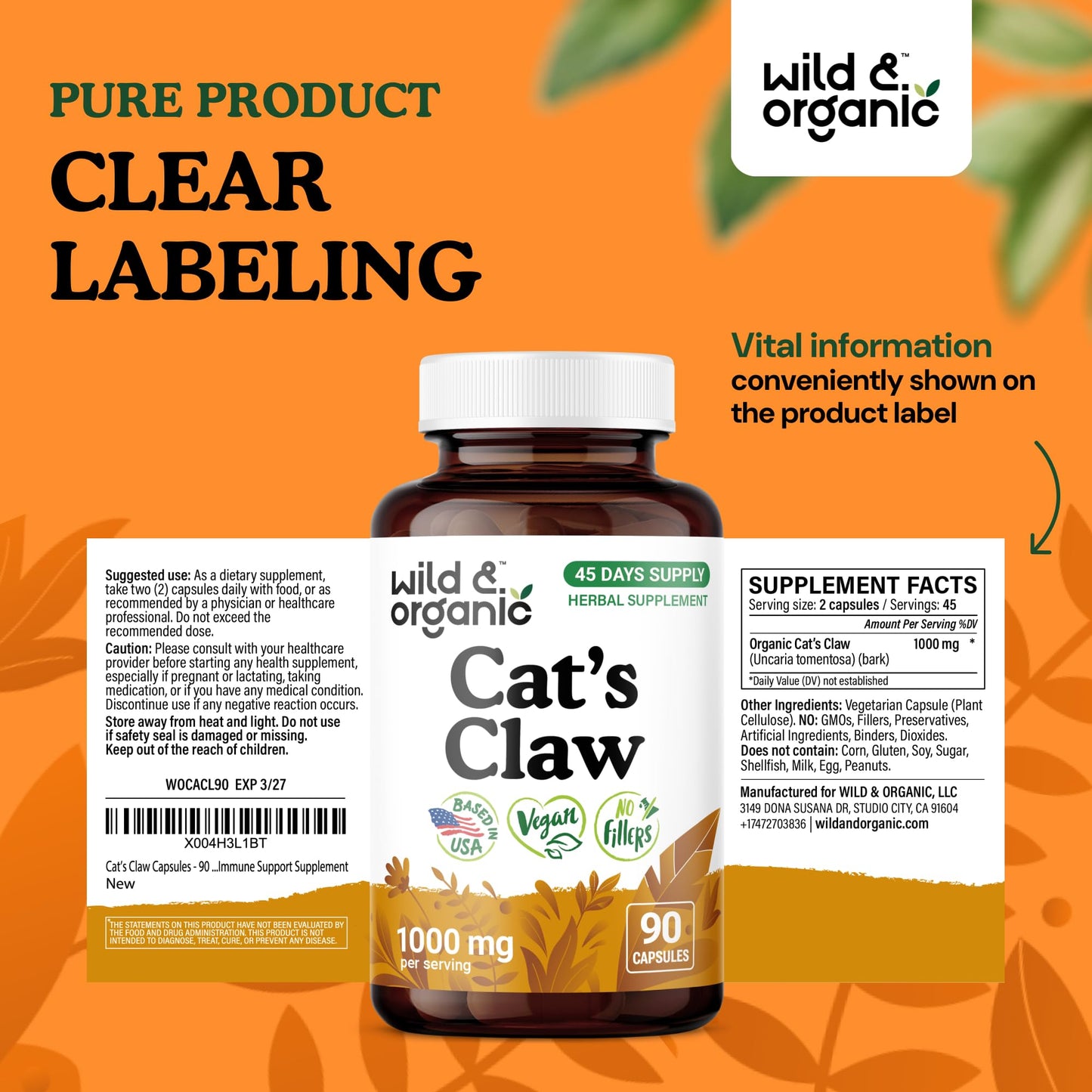 Wild & Organic Cat's Claw 1000 mg - Immune Support - Vegan, Non-GMO | 90 Count
