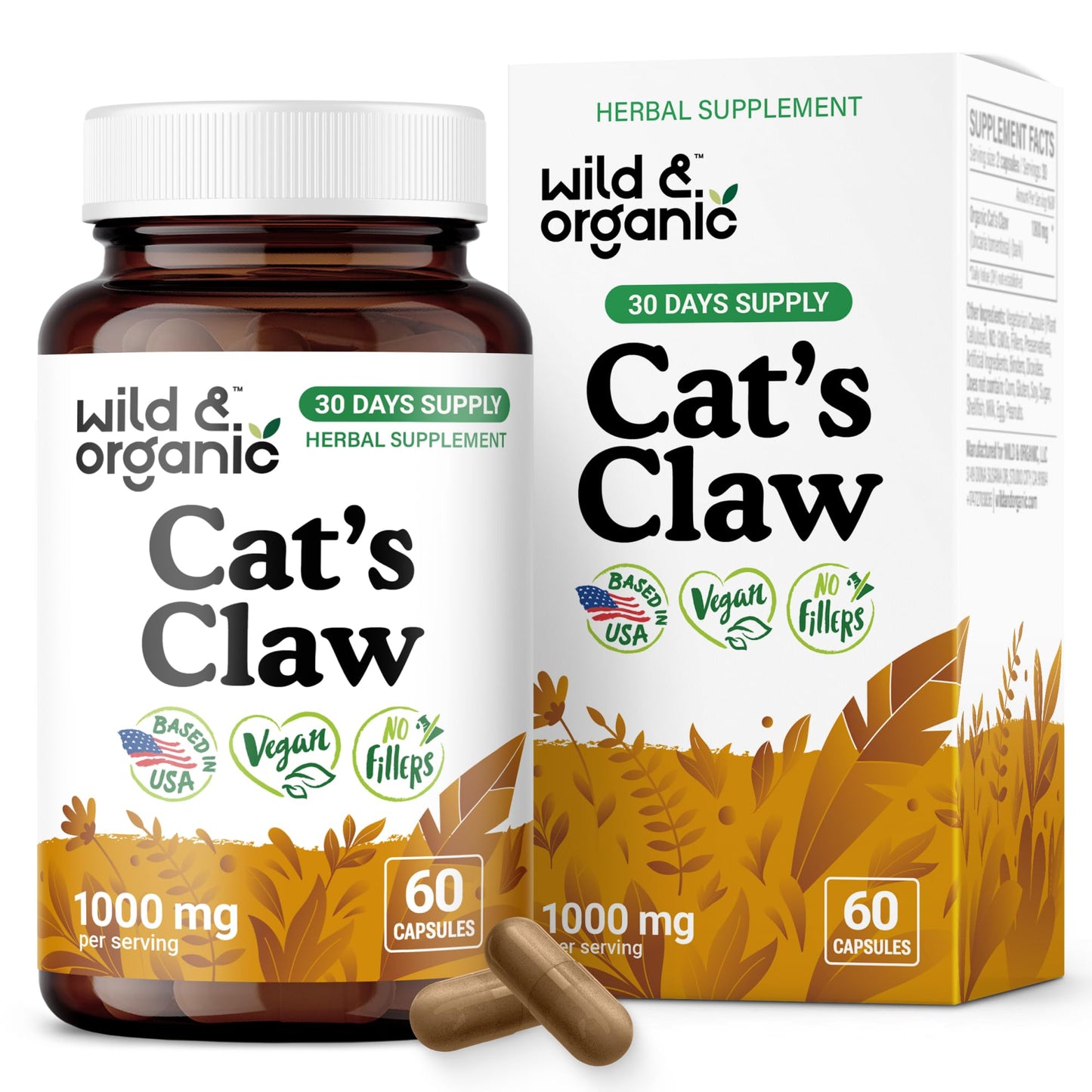 Wild & Organic Cat's Claw 1000 mg - Immune Support | Vegan, Non-GMO | 60 Count