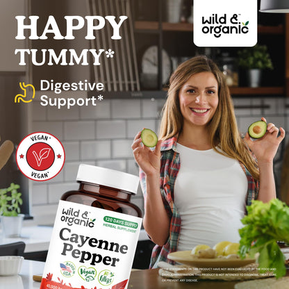 Wild & Organic Cayenne Pepper Capsules 500 mg - Digestive Support - Vegan, Non-GMO