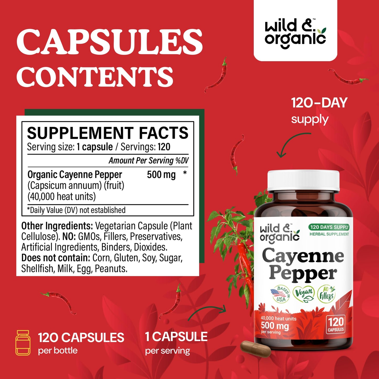 Wild & Organic Cayenne Pepper Capsules 500 mg - Digestive Support - Vegan, Non-GMO