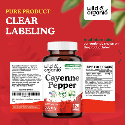 Wild & Organic Cayenne Pepper Capsules 500 mg - Digestive Support - Vegan, Non-GMO