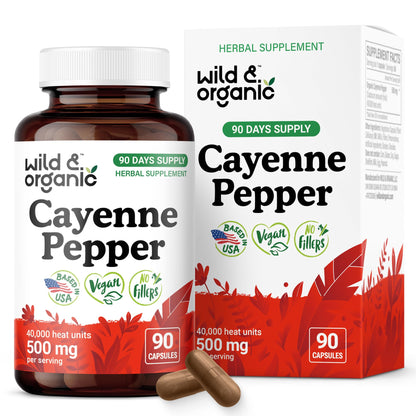 Wild & Organic Cayenne Pepper Capsules 500 mg - Digestive Support (Vegan, Non-GMO)