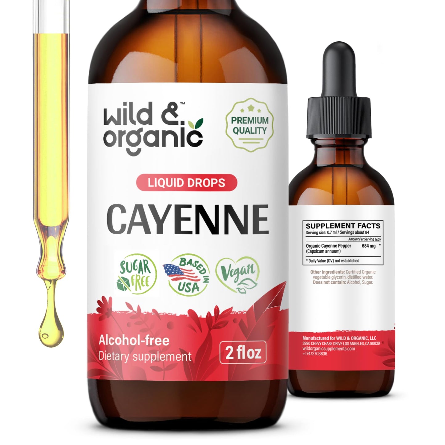 Wild & Organic Cayenne Pepper Tincture - Digestive Support, Alcohol-Free Drops, 2 fl oz