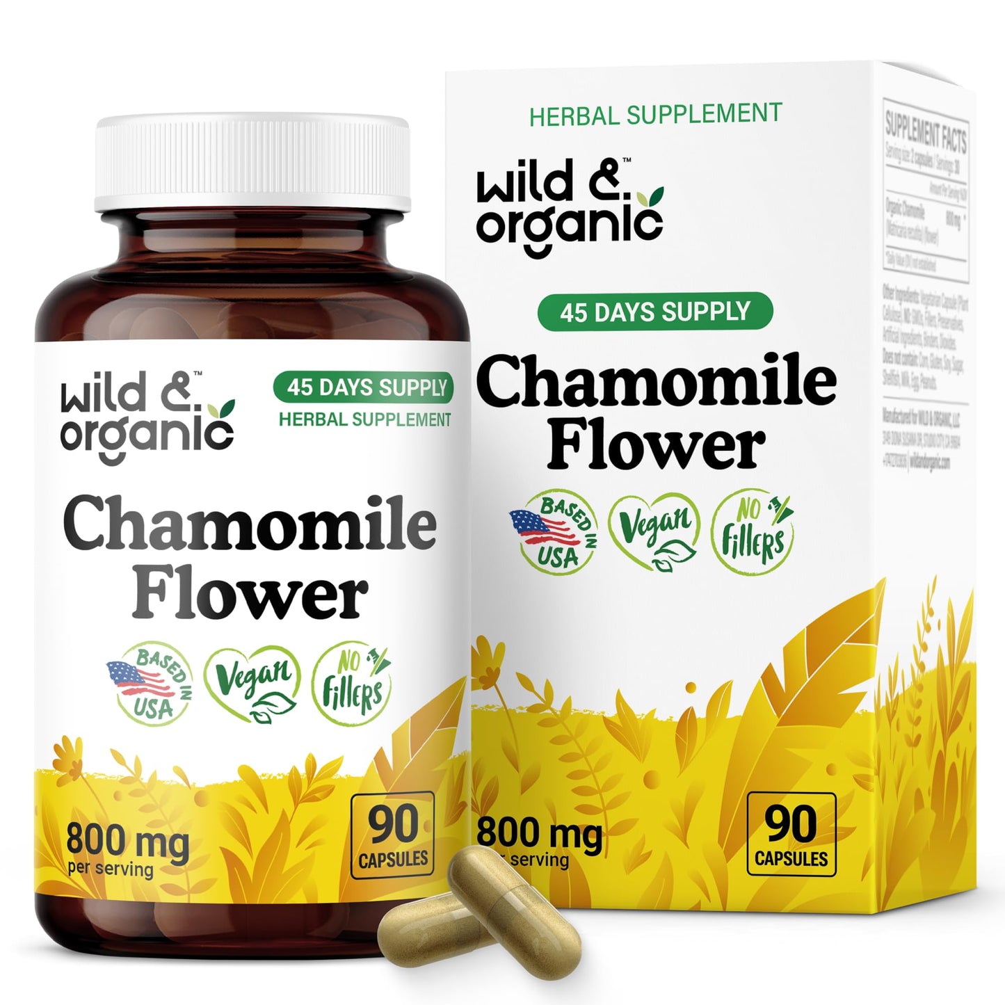 Wild & Organic Chamomile Capsules 800 mg – Relaxation & Digestive Support (90 Count)