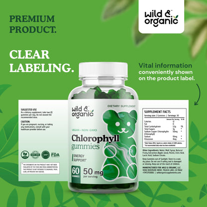 Wild & Organic Chlorophyll Gummies 50mg – Detox Cleanse, Vegan & Non-GMO | 60 Chews