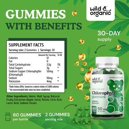 Wild & Organic Chlorophyll Gummies 50mg – Detox Cleanse, Vegan & Non-GMO | 60 Chews