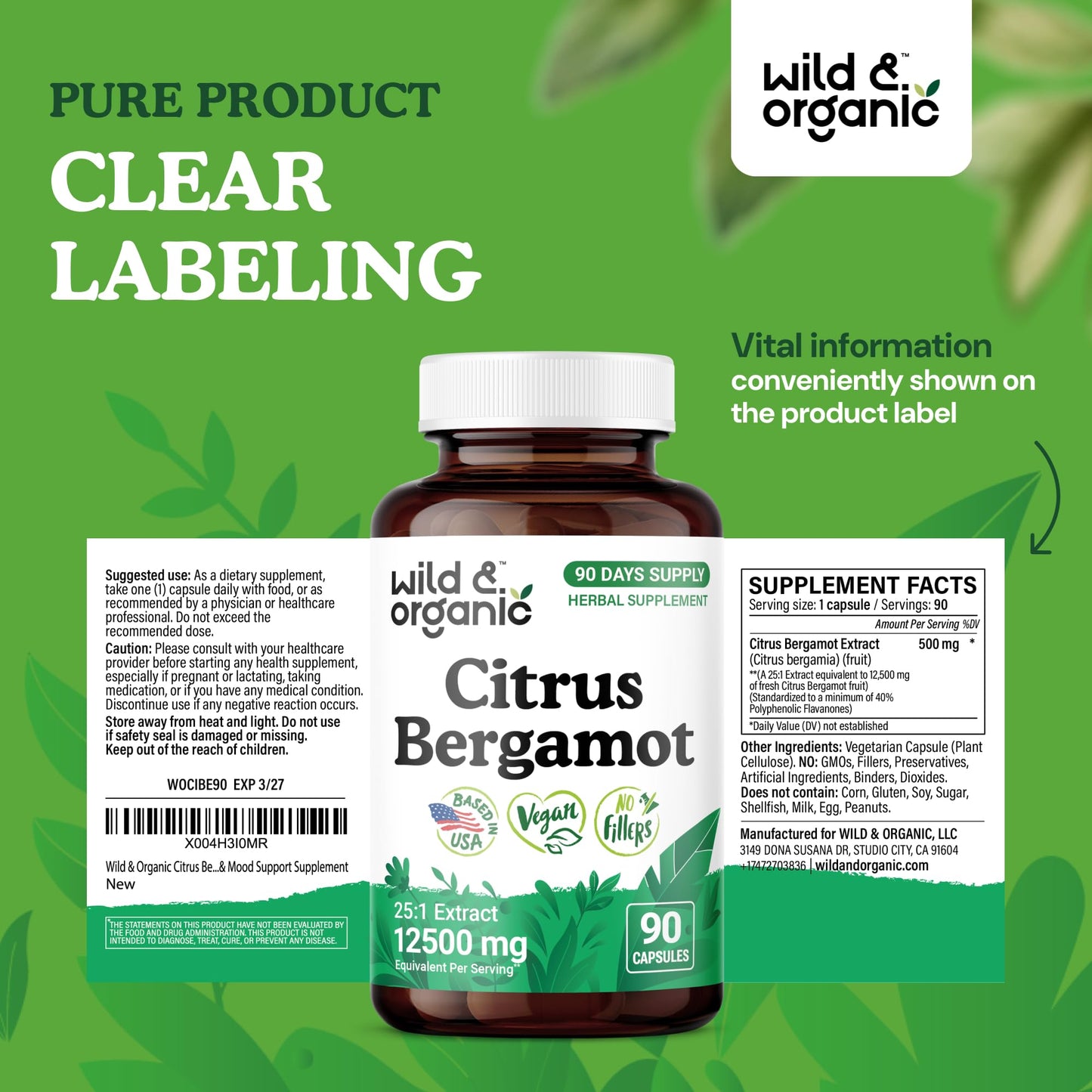 Wild & Organic Citrus Bergamot Capsules 500 mg – Antioxidant & Overall Support | Vegan, Non-GMO | 90 Count
