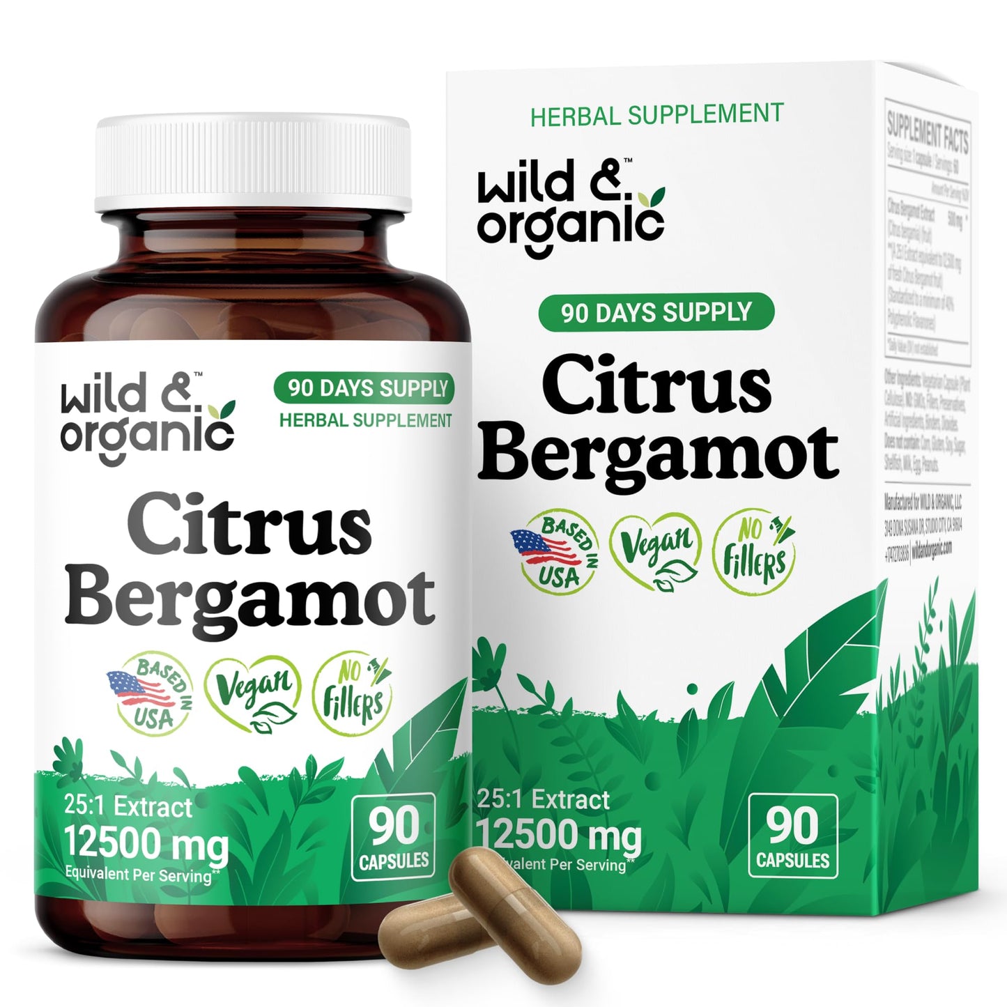 Wild & Organic Citrus Bergamot Capsules 500 mg – Antioxidant & Overall Support | Vegan, Non-GMO | 90 Count