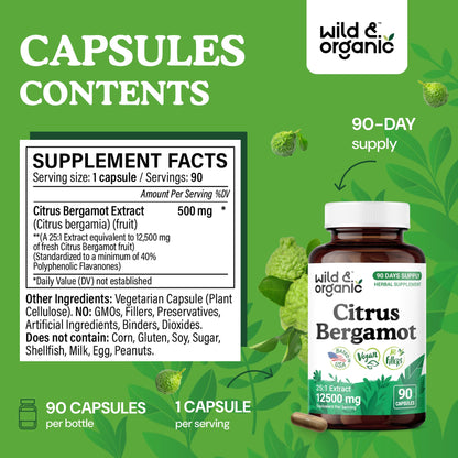 Wild & Organic Citrus Bergamot Capsules 500 mg – Antioxidant & Overall Support | Vegan, Non-GMO | 90 Count