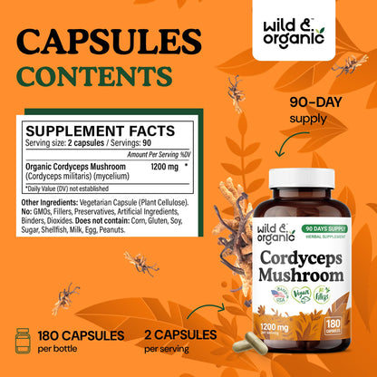 Wild & Organic Cordyceps Capsules 1200 mg – Immune Support, Pure Mycelium Extract, Vegan, Non-GMO | 180 Count