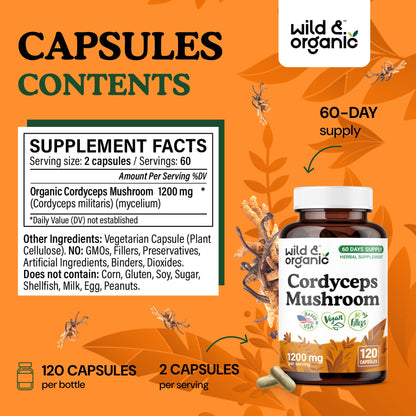 Wild & Organic Cordyceps 1200 mg Capsules – Immune Support, Vegan, 120 Count