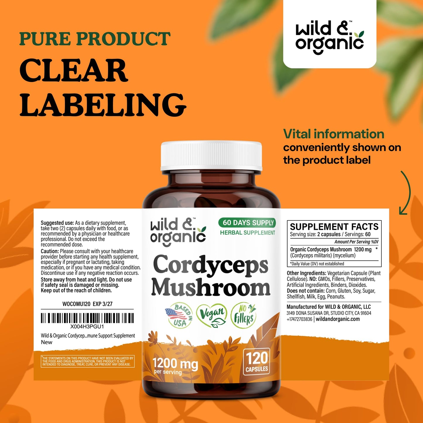 Wild & Organic Cordyceps 1200 mg Capsules – Immune Support, Vegan, 120 Count