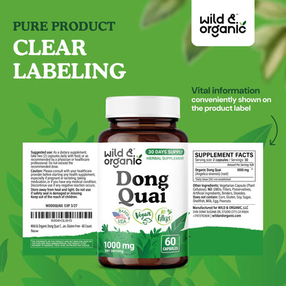 Wild & Organic Dong Quai Capsules for Women - 1000 mg, 60 Count, Vegan