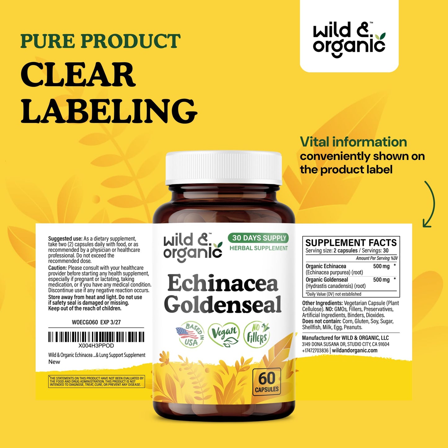 Wild & Organic Echinacea + Goldenseal Capsules – Immune & Lung Support | 60 Count