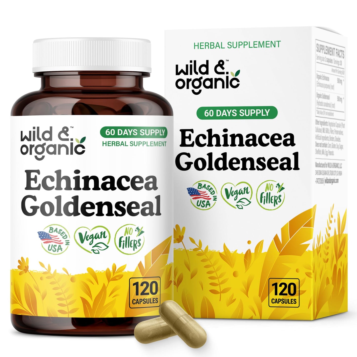 Wild & Organic Echinacea Goldenseal Capsules - Immune & Lung Support - 120 Count - Vegan, Non-GMO