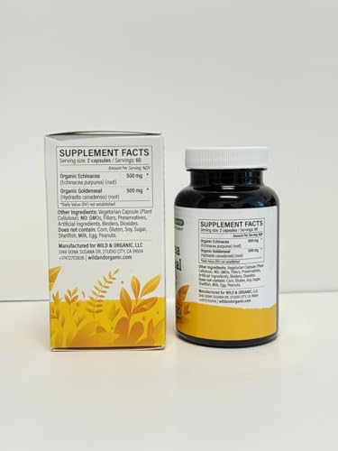 Wild & Organic Echinacea Goldenseal Capsules - Immune & Lung Support - 120 Count - Vegan, Non-GMO