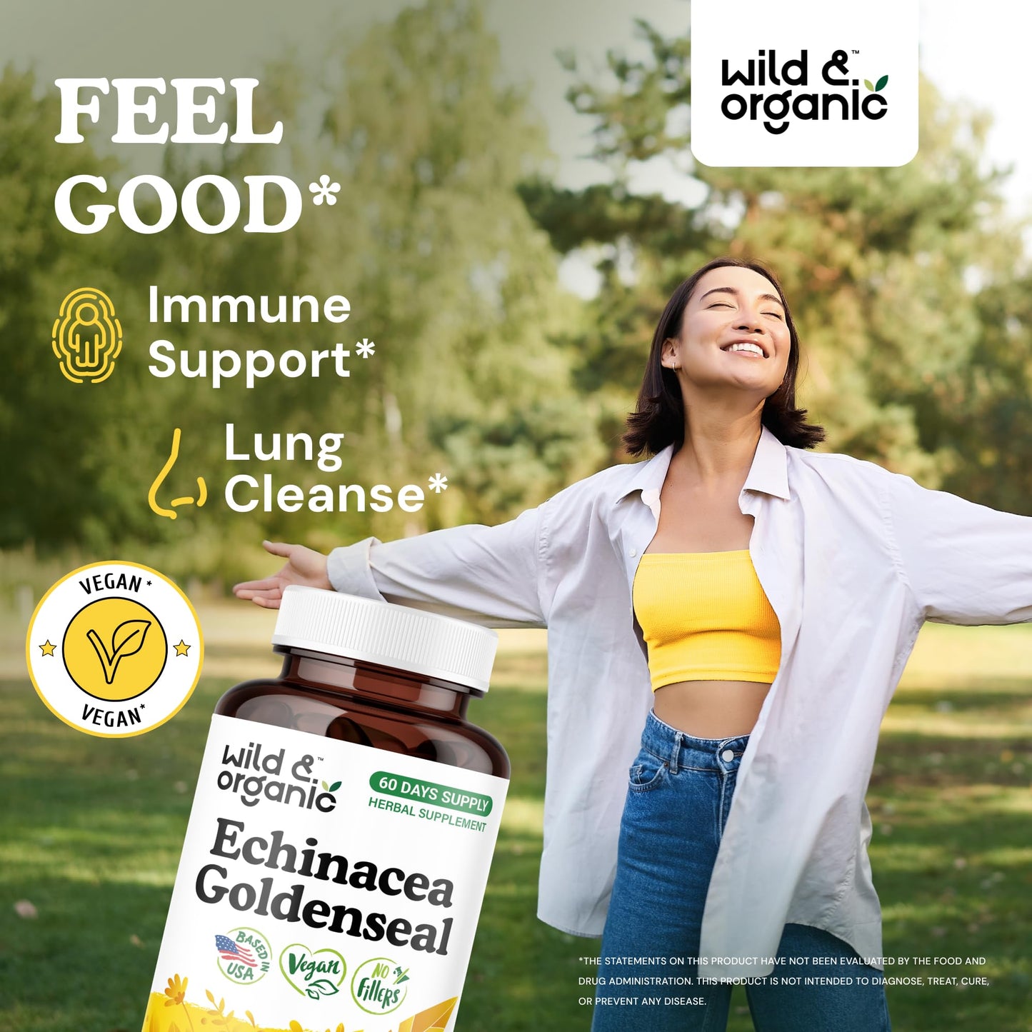 Wild & Organic Echinacea Goldenseal Capsules - Immune & Lung Support - 120 Count - Vegan, Non-GMO
