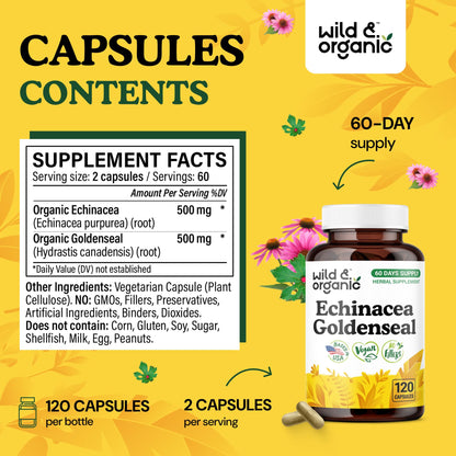 Wild & Organic Echinacea Goldenseal Capsules - Immune & Lung Support - 120 Count - Vegan, Non-GMO
