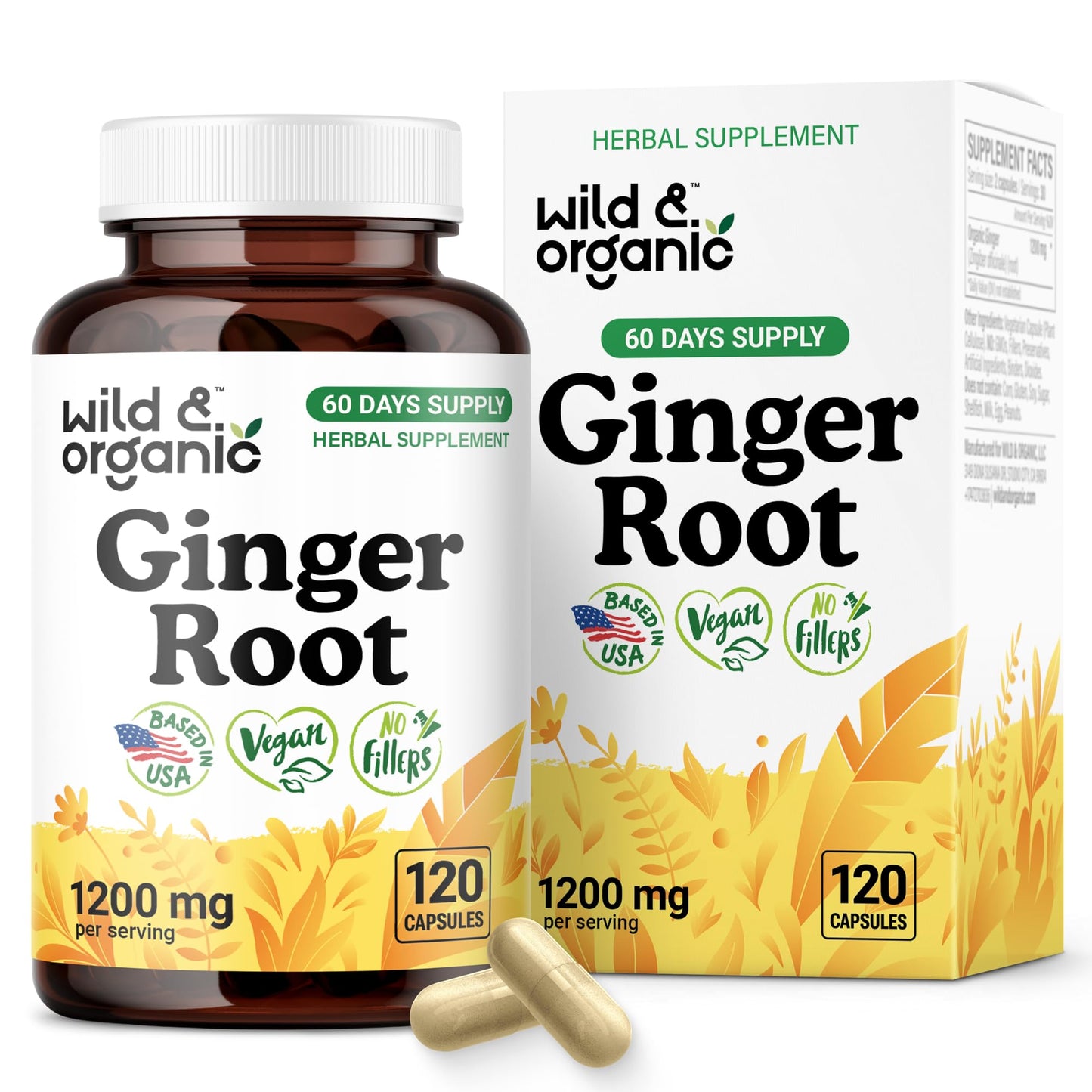 Wild & Organic Ginger Root Capsules 1200 mg – Immune & Digestive Support | 60-Day Supply | Vegan, Non-GMO