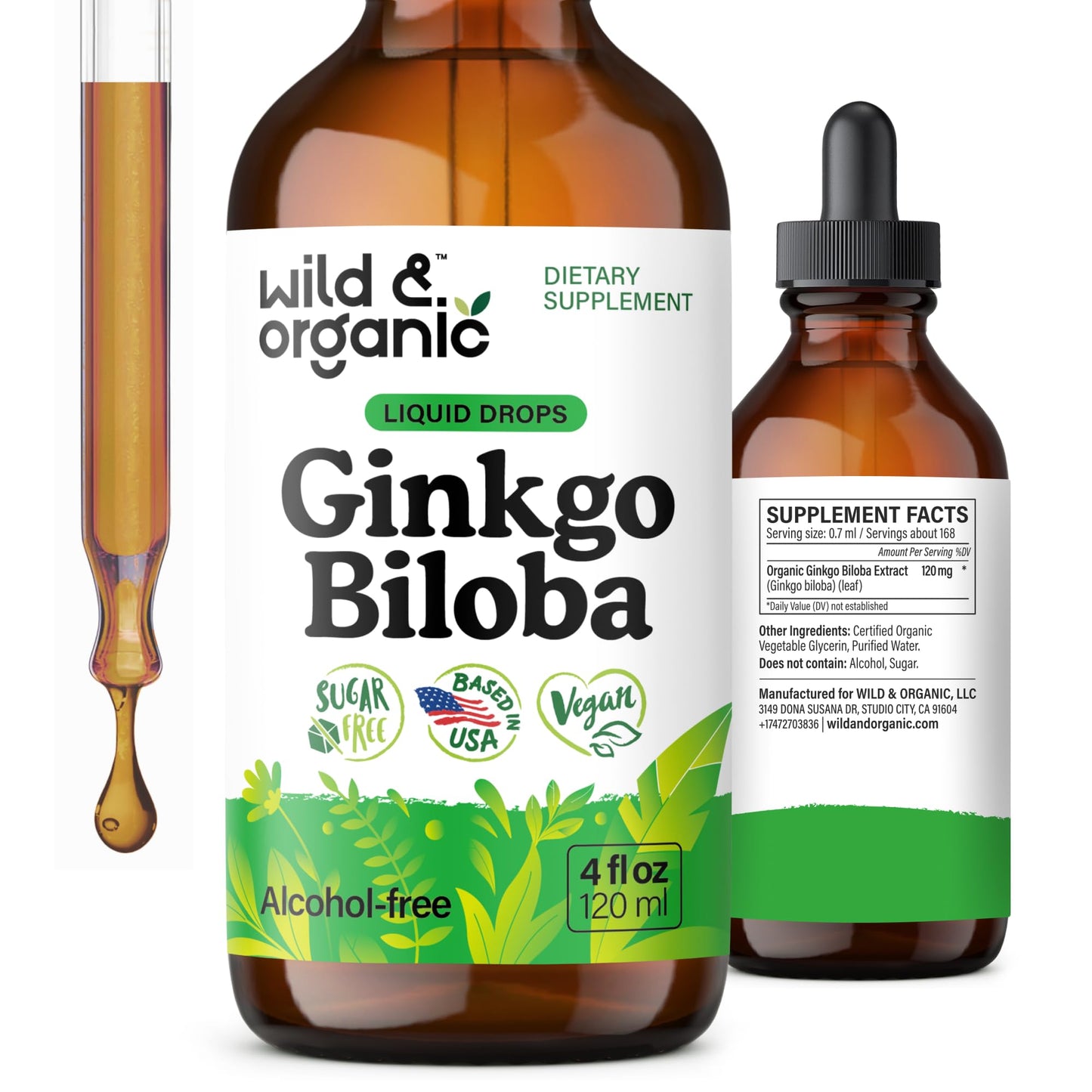 Wild & Organic Ginkgo Biloba Drops – Brain & Focus Support | 4 fl oz | Vegan, Alcohol-Free