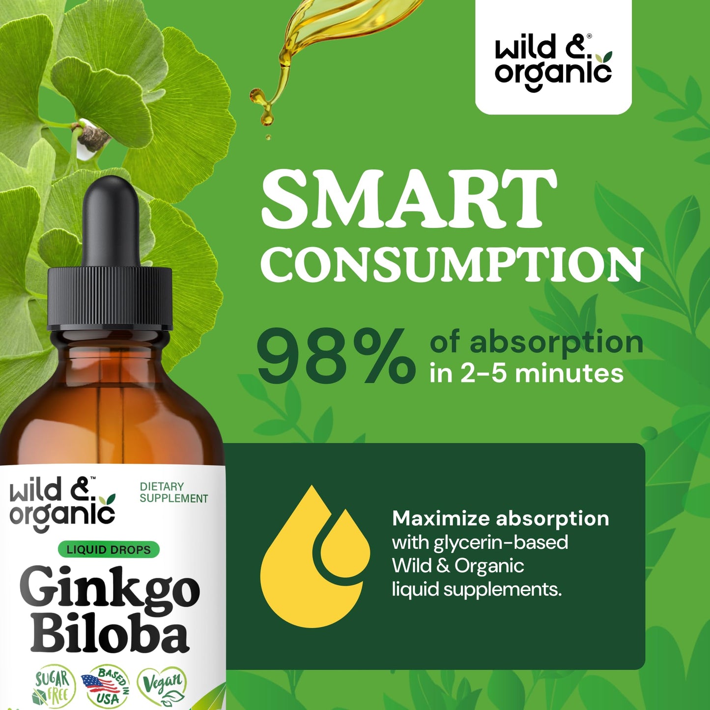Wild & Organic Ginkgo Biloba Drops – Brain & Focus Support | 4 fl oz | Vegan, Alcohol-Free